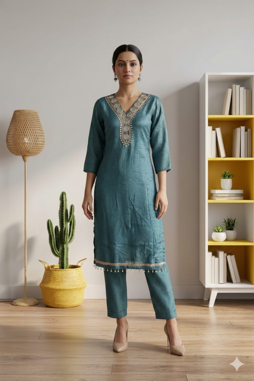 Gold Crush Party Wear Suit with Mirror Work